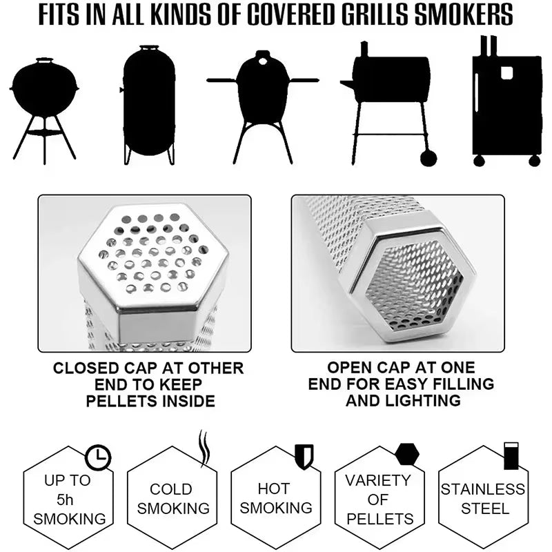 6/12 Inch BBQ Stainless Steel Smoker Grill Tube Perforated Mesh Filter Gadget Pellet Smoking Generator Hexagon Spice Smoked Box