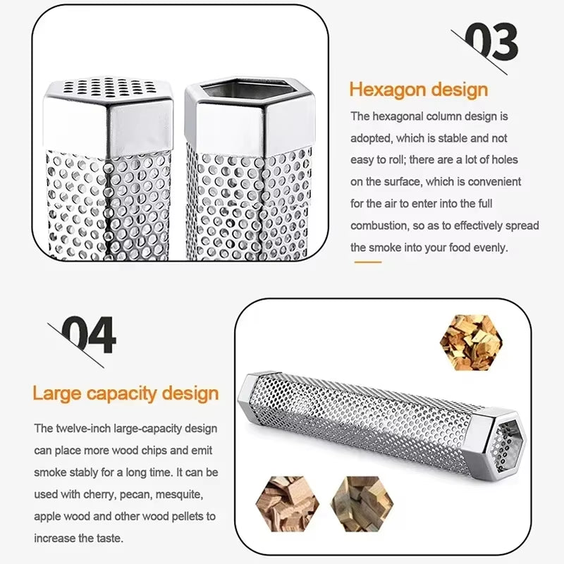 6/12 Inch BBQ Stainless Steel Smoker Grill Tube Perforated Mesh Filter Gadget Pellet Smoking Generator Hexagon Spice Smoked Box
