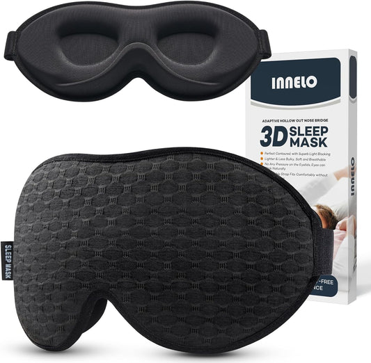 INNELO Schlafmaske Für Herren Frauen, 2024 Bequeme Atmungsaktive 3D Augenmaske, Mit Tiefen Augenhöhlen Und Erhöhten Nasenpads, 100％ Lichtblockierende Schlafbrille Mit Memory Foam Für Reisen, Schwarz