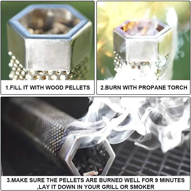 6/12 Inch BBQ Stainless Steel Smoker Grill Tube Perforated Mesh Filter Gadget Pellet Smoking Generator Hexagon Spice Smoked Box